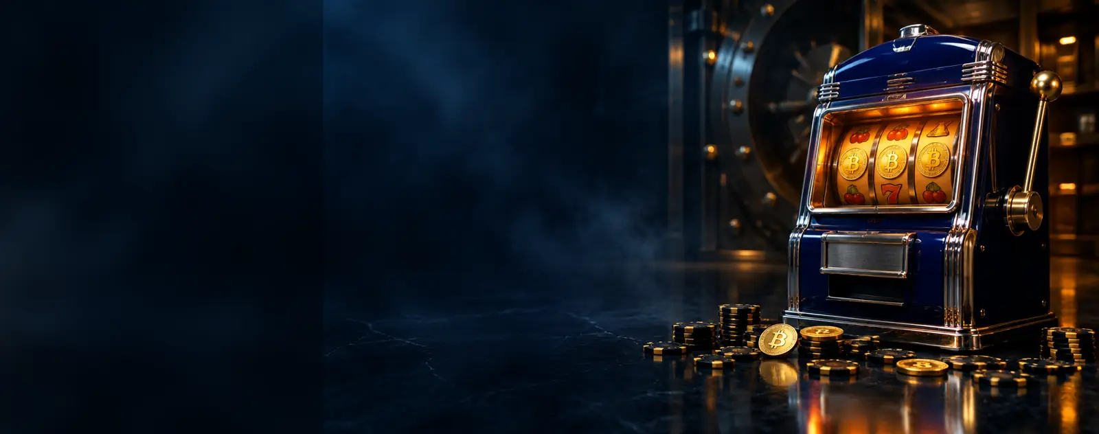 A blue vintage slot machine in an open vault, Bitcoin coins and poker chips on the floor